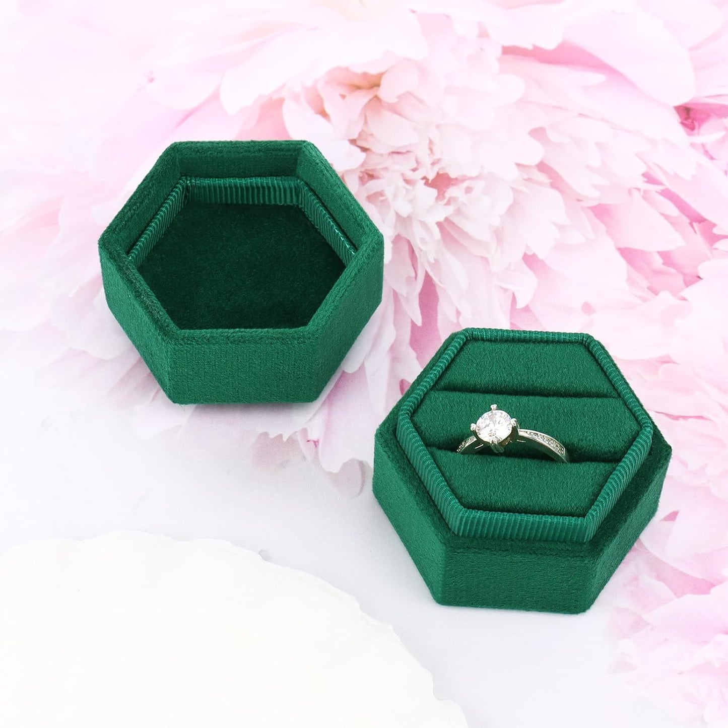 Hexagon Velvet Ring Box - Premium Gorgeous Vintage Double Ring Display Holder with Detachable Lid Ring Bearer Box or Proposal, Engagement, Wedding, Ceremony (Emerald)