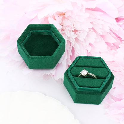 Hexagon Velvet Ring Box - Premium Gorgeous Vintage Double Ring Display Holder with Detachable Lid Ring Bearer Box or Proposal, Engagement, Wedding, Ceremony （Emerald）