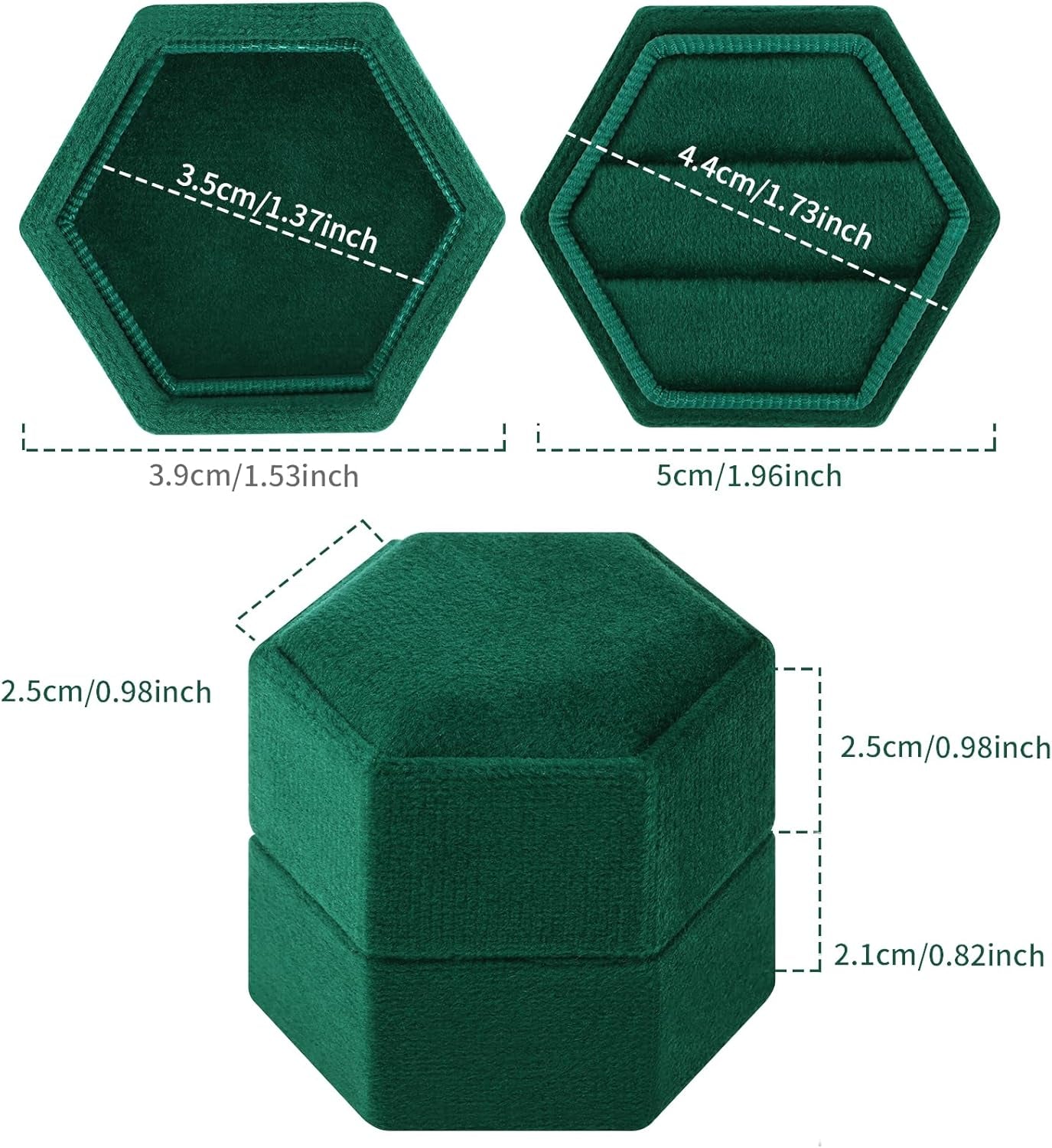 Hexagon Velvet Ring Box - Premium Gorgeous Vintage Double Ring Display Holder with Detachable Lid Ring Bearer Box or Proposal, Engagement, Wedding, Ceremony （Emerald）