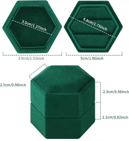 Hexagon Velvet Ring Box - Premium Gorgeous Vintage Double Ring Display Holder with Detachable Lid Ring Bearer Box or Proposal, Engagement, Wedding, Ceremony （Emerald）