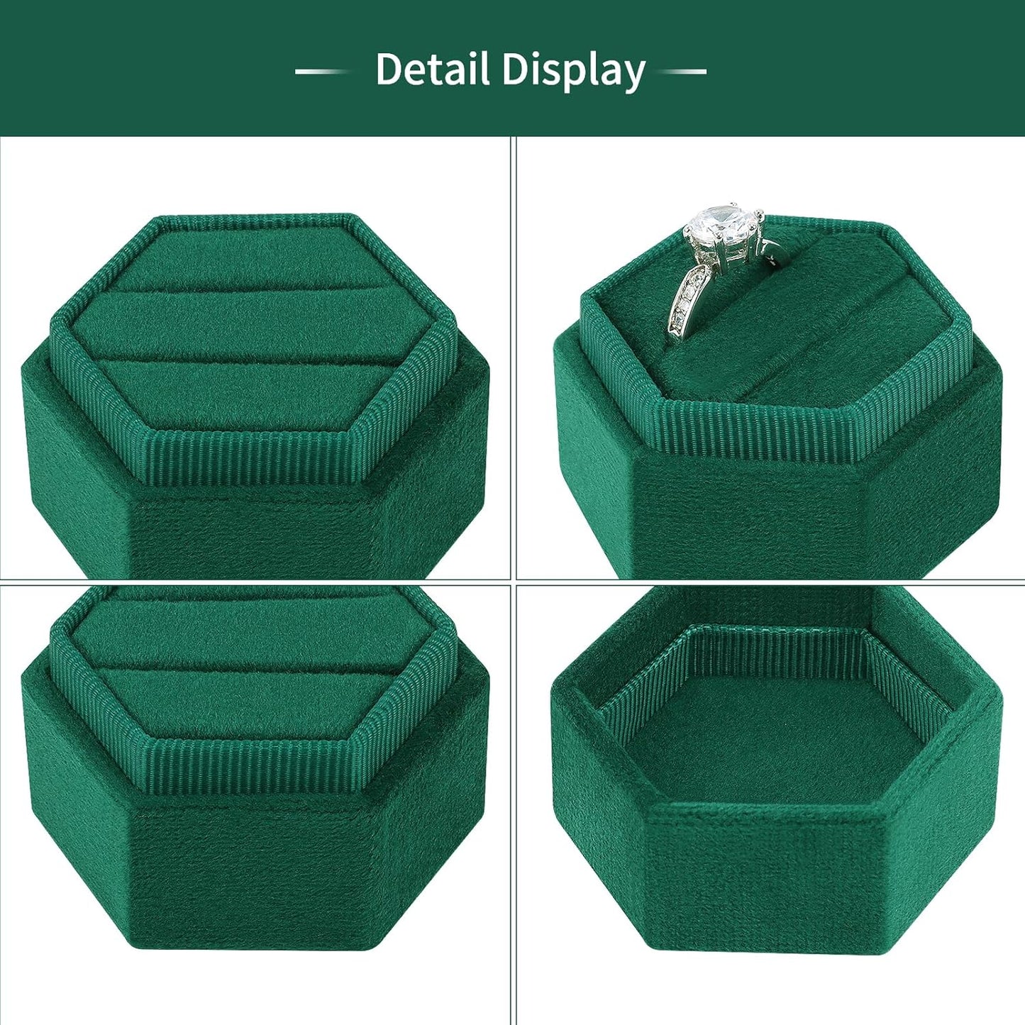 Hexagon Velvet Ring Box - Premium Gorgeous Vintage Double Ring Display Holder with Detachable Lid Ring Bearer Box or Proposal, Engagement, Wedding, Ceremony （Emerald）