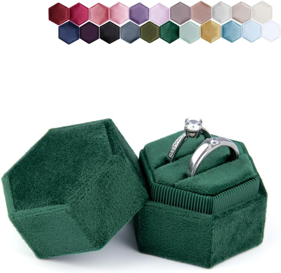 Hexagon Velvet Ring Box - Premium Gorgeous Vintage Double Ring Display Holder with Detachable Lid Ring Bearer Box or Proposal, Engagement, Wedding, Ceremony （Emerald）