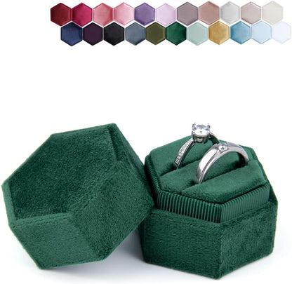 Hexagon Velvet Ring Box - Premium Gorgeous Vintage Double Ring Display Holder with Detachable Lid Ring Bearer Box or Proposal, Engagement, Wedding, Ceremony （Emerald）