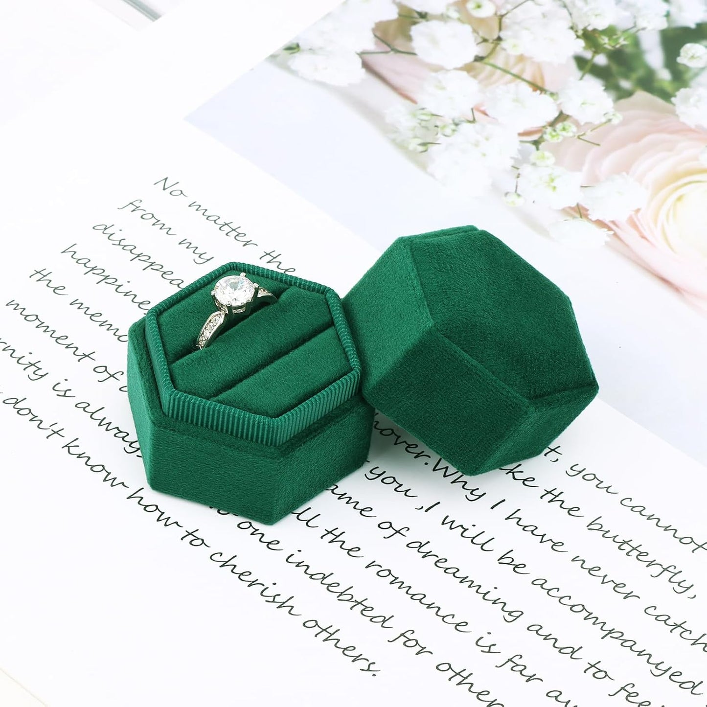 Hexagon Velvet Ring Box - Premium Gorgeous Vintage Double Ring Display Holder with Detachable Lid Ring Bearer Box or Proposal, Engagement, Wedding, Ceremony （Emerald）