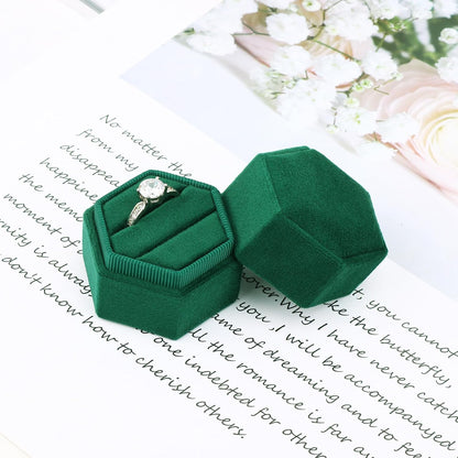 Hexagon Velvet Ring Box - Premium Gorgeous Vintage Double Ring Display Holder with Detachable Lid Ring Bearer Box or Proposal, Engagement, Wedding, Ceremony （Emerald）